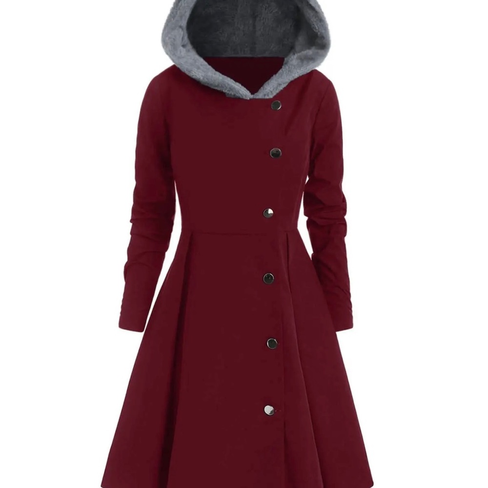 Plus Size Asymmetric Hooded coat- Burgundy. Light weight. Perfect for fall